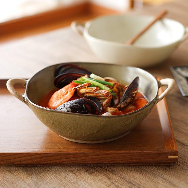 Handcrafted Japanese Ceramic Bowl with Handles – Rustic Charm for Every Meal