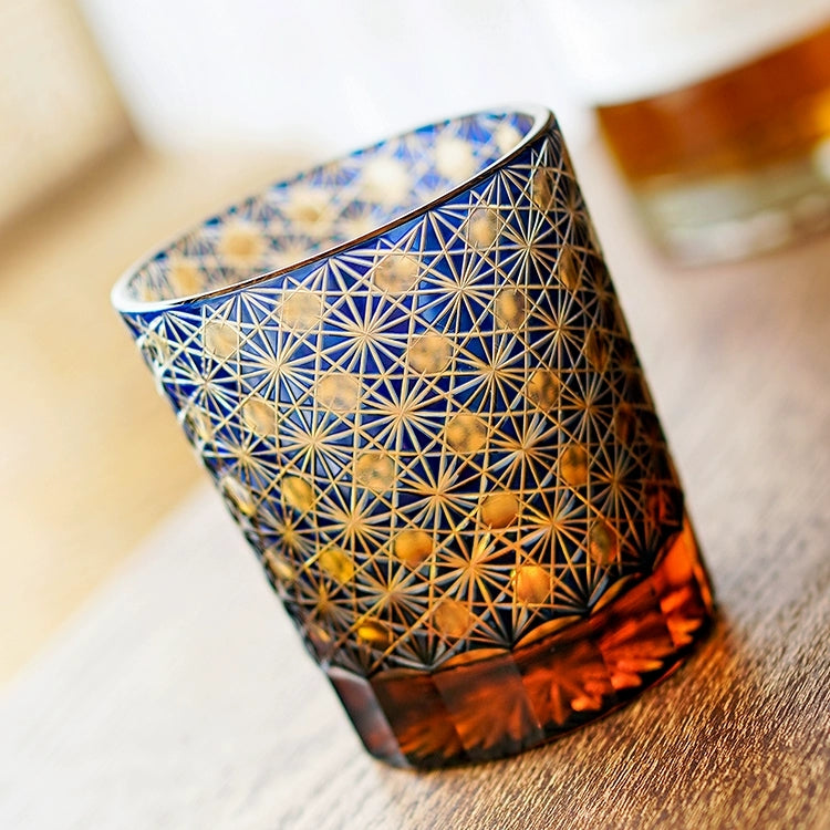 Edo Kiriko "Star Chrysanthemum" Whisky Glasses: Handcrafted Amber Crystal with Wooden Presentation Box