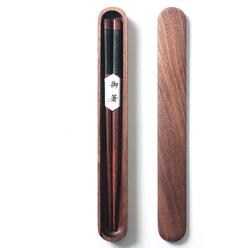 Black Walnut Chopsticks with Decorative Thread in a Wooden Box