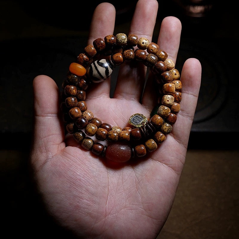 Star-Moon Bodhi Seed Mala Bracelet – Aged Wisdom, Unique Craft