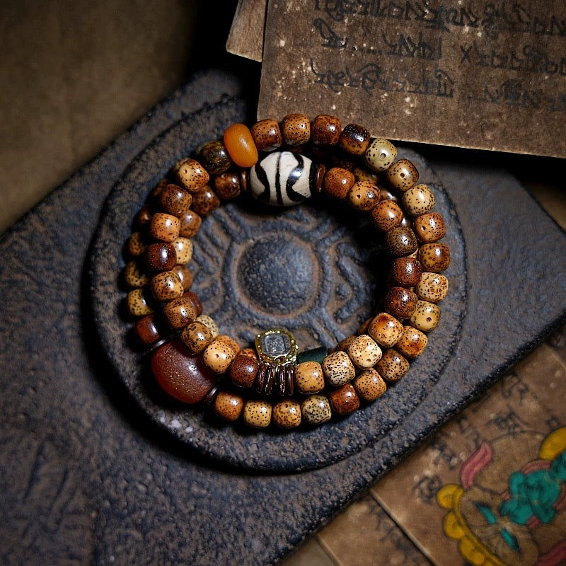 Star-Moon Bodhi Seed Mala Bracelet – Aged Wisdom, Unique Craft