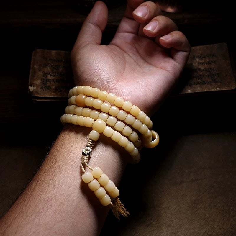 Raw Natural White Jade Bodhi Root Mala - 108 Beads of Wabi-Sabi
