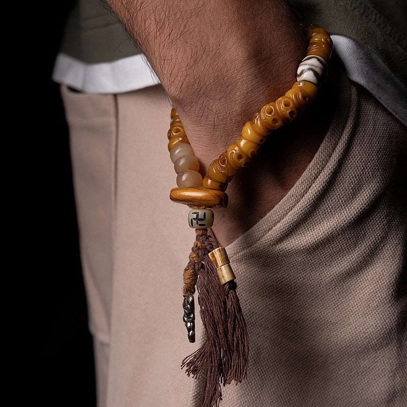Tibetan "Slanted Cut" Yak Bone Mala Bracelet with Tassel