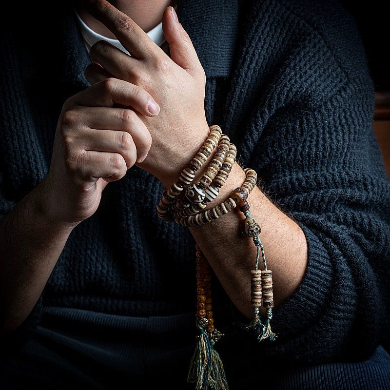 Tibetan Aged Yak Bone Mala for Men – 108 Beads of Tradition