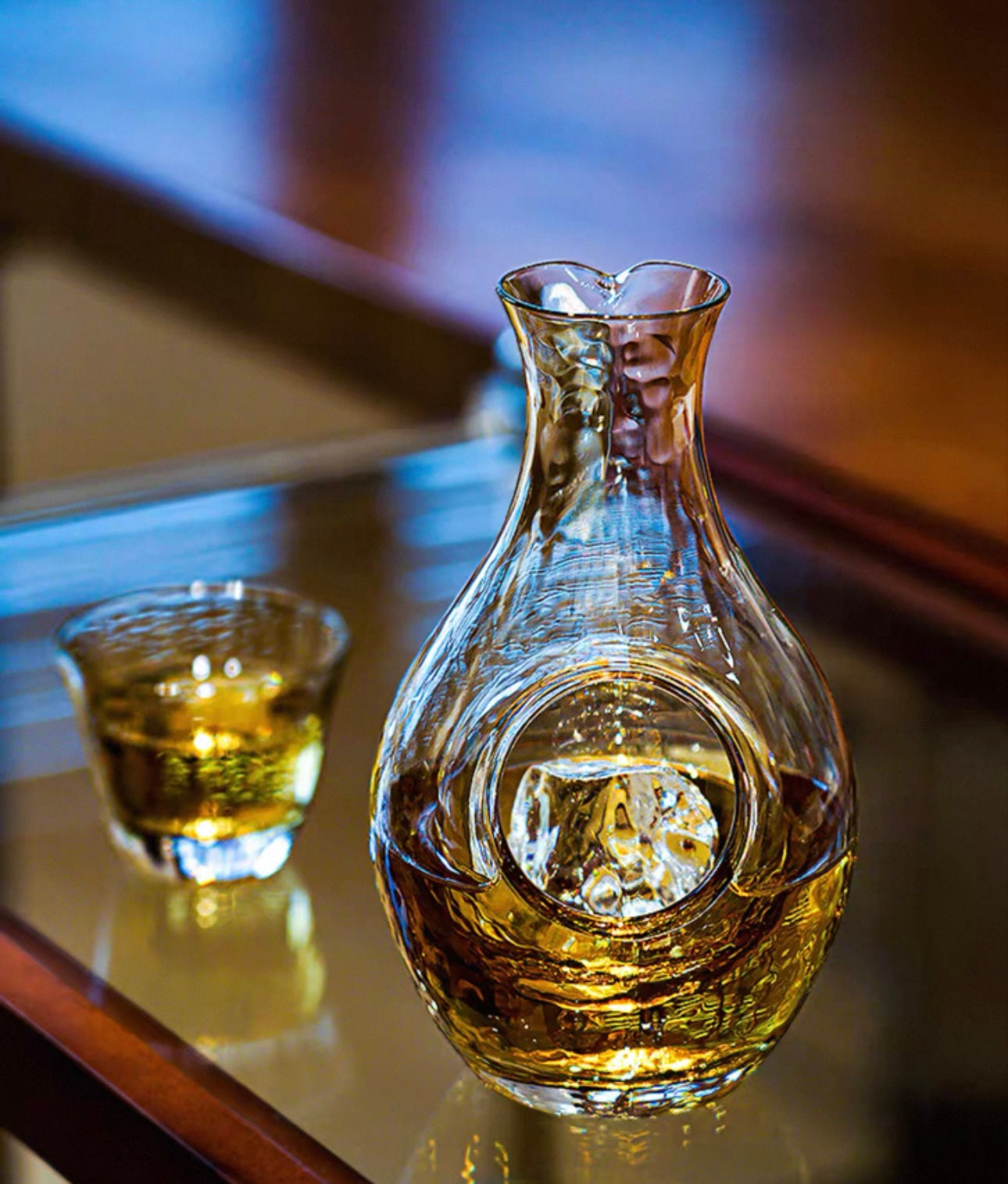 Japanese Amber Hammered Ice Sake Set (Tokkuri & Cups)