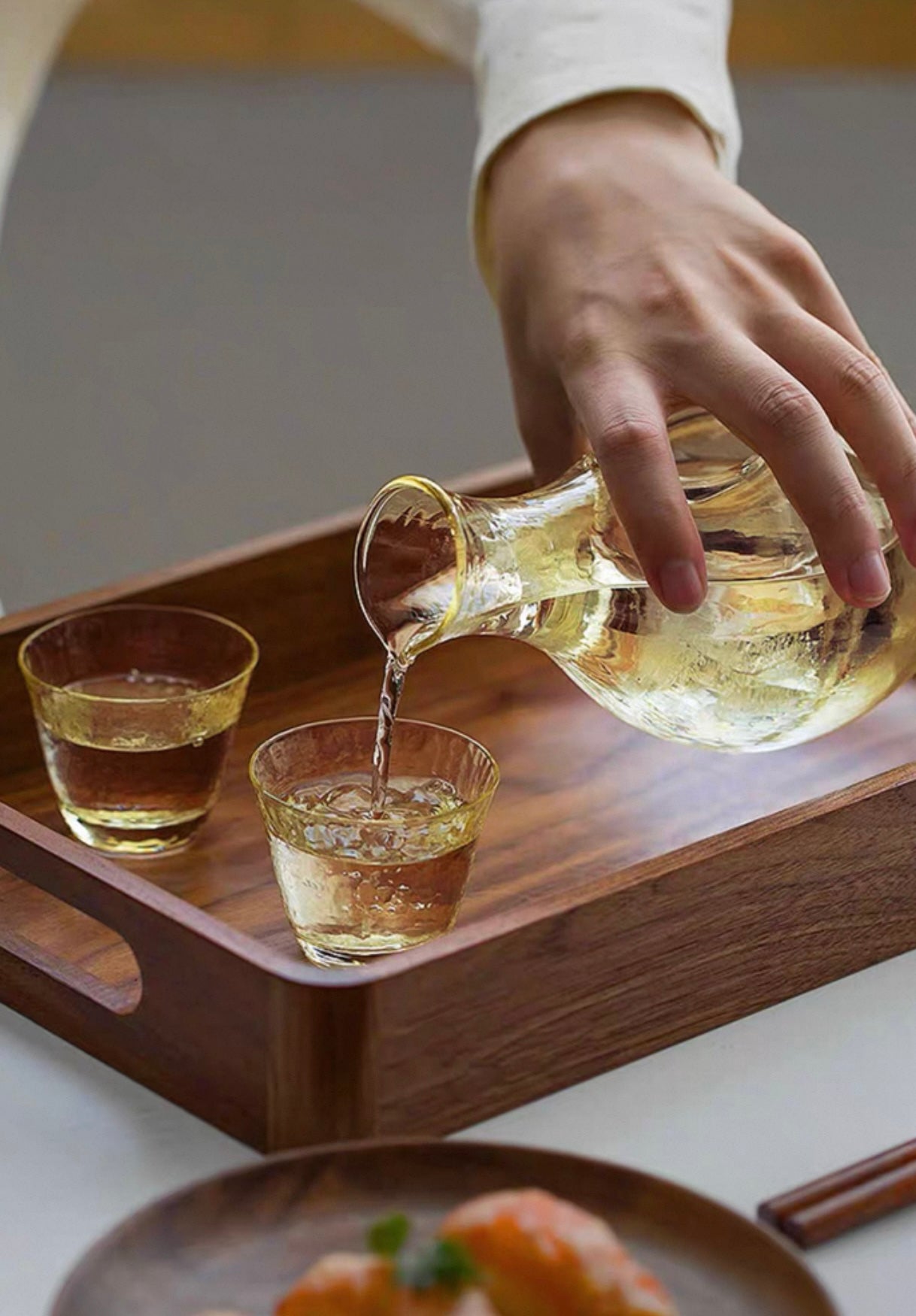 Japanese Amber Hammered Ice Sake Set (Tokkuri & Cups)