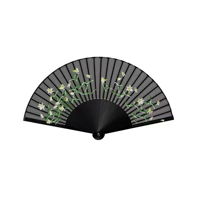 All-Bamboo Rib Silk Folding Fan | Daisy, Lily & Hibiscus Collection