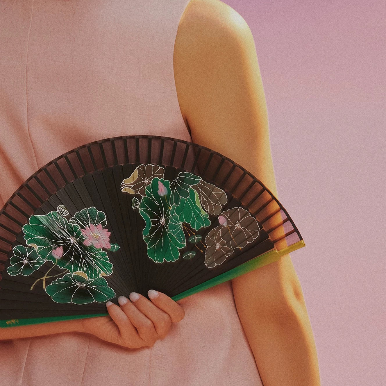 Lotus Silk and Bamboo Folding Fan | Bespoke Handcrafted Collection