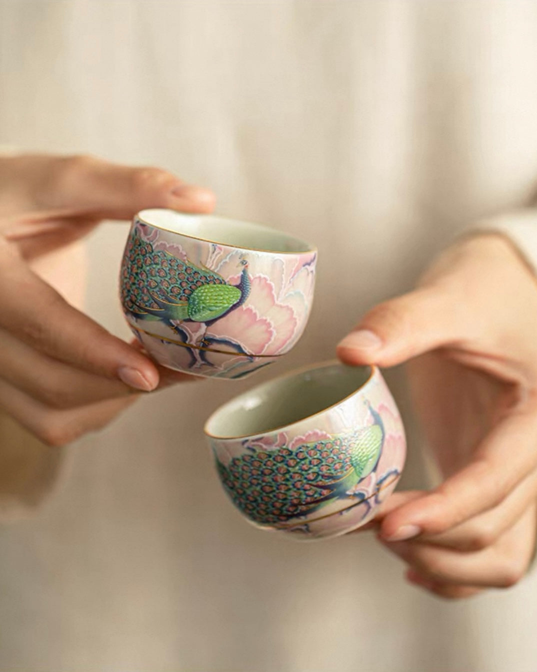 Enamel Peacock Porcelain Tea Set | Luxury Teapot & 2 Cups Trio