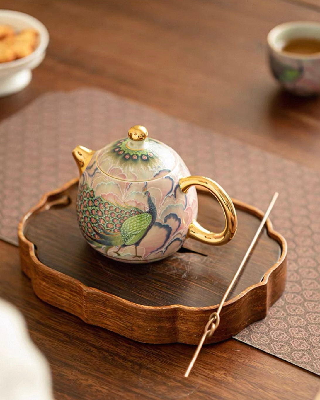 Enamel Peacock Porcelain Tea Set | Luxury Teapot & 2 Cups Trio