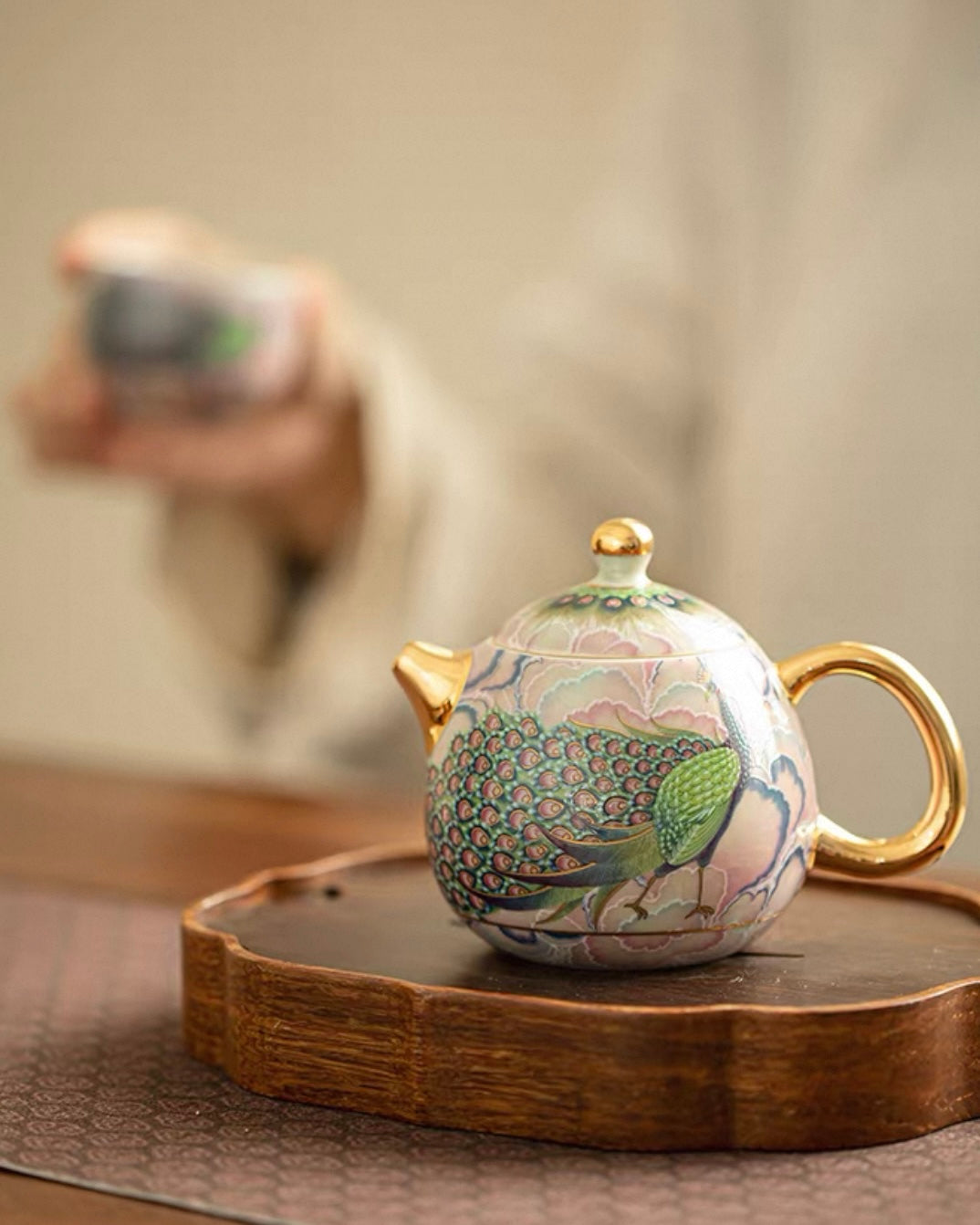 Enamel Peacock Porcelain Tea Set | Luxury Teapot & 2 Cups Trio