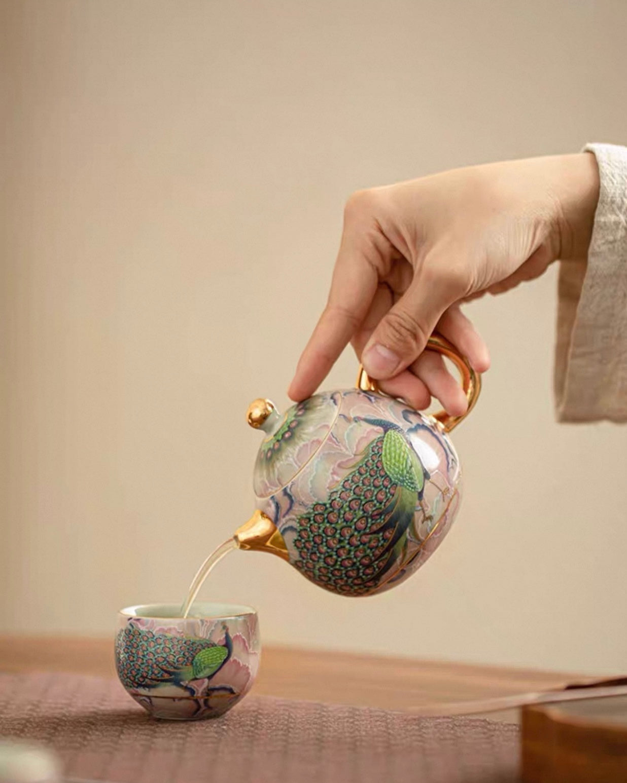 Enamel Peacock Porcelain Tea Set | Luxury Teapot & 2 Cups Trio