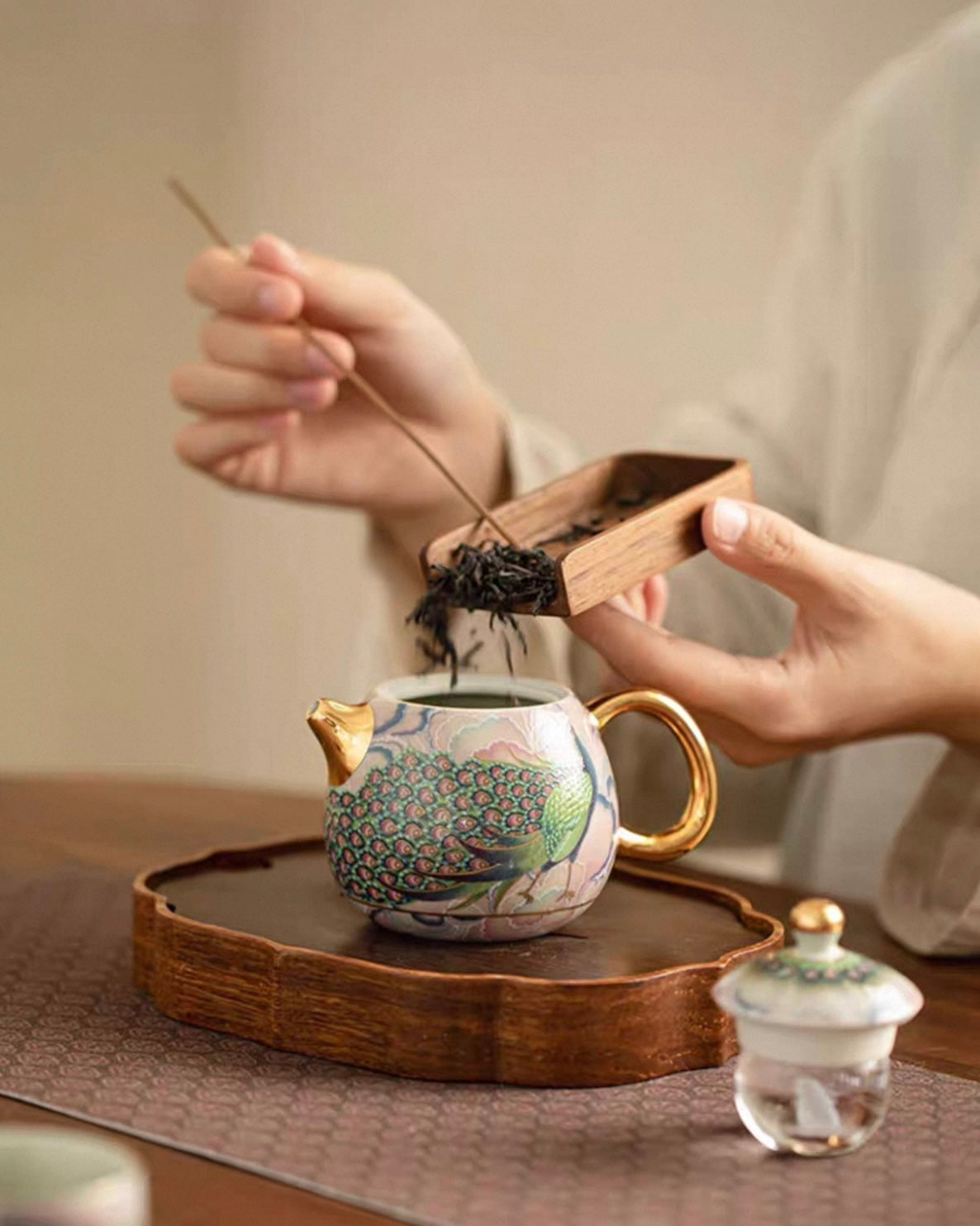 Enamel Peacock Porcelain Tea Set | Luxury Teapot & 2 Cups Trio