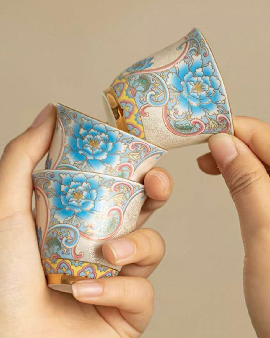 Cloisonné Silver-Inlaid Tea Set | 160ml Enamel Pot & 2 Tasting Cups