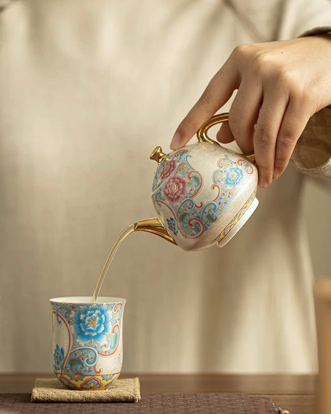 Cloisonné Silver-Inlaid Tea Set | 160ml Enamel Pot & 2 Tasting Cups