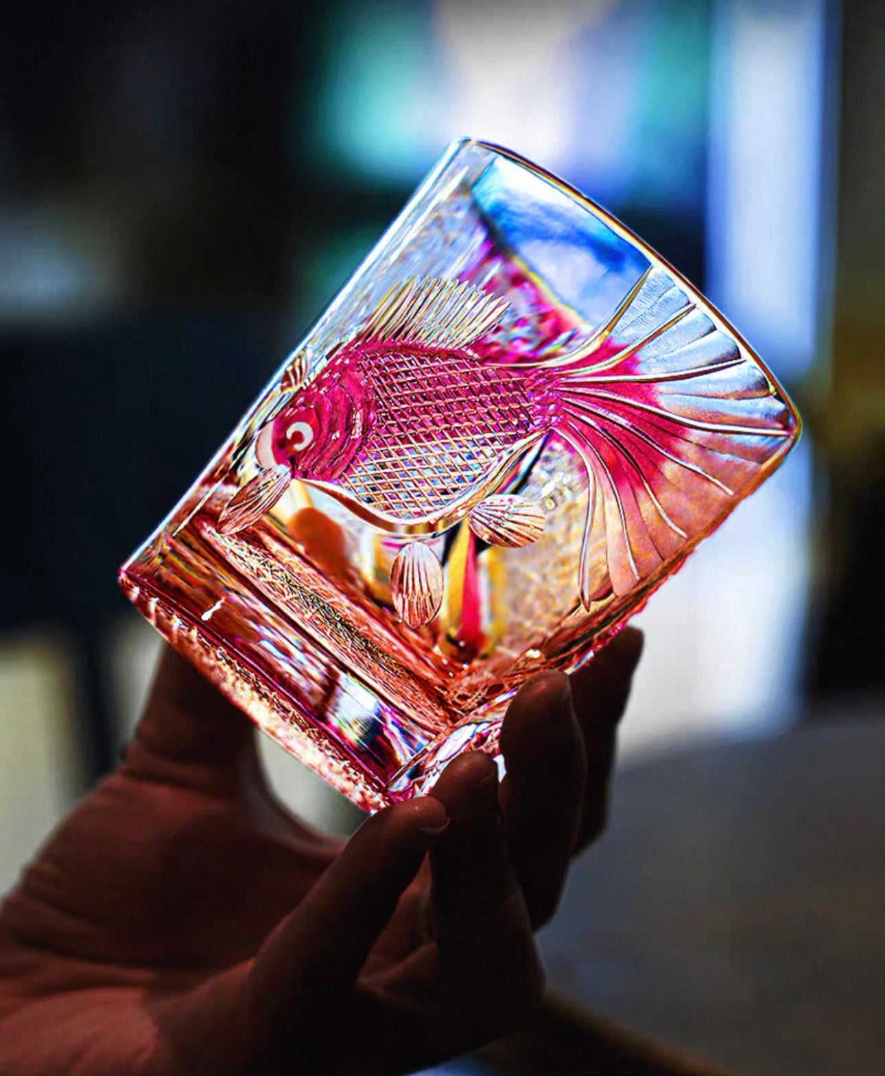 Edo Kiriko Handcrafted Rose Koi Whisky Glass With Wooden Box