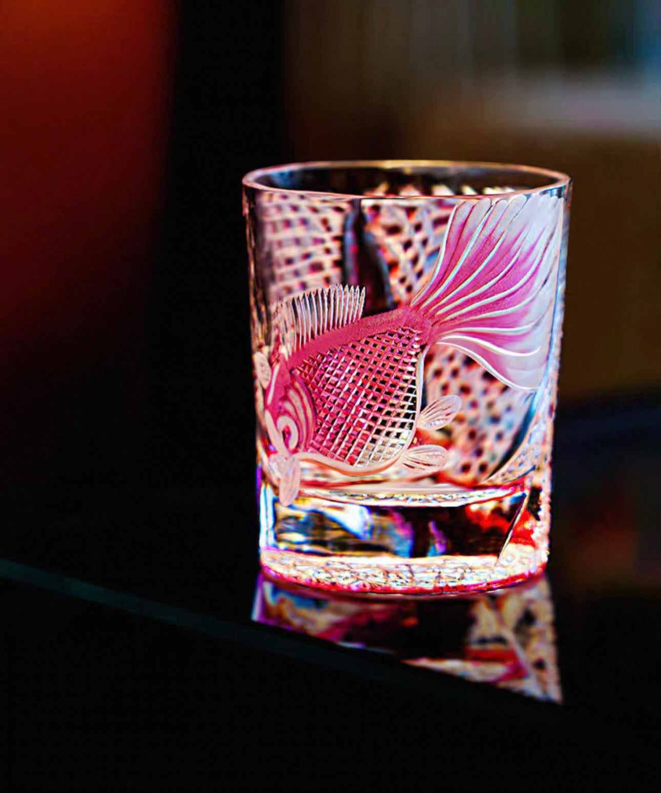 Edo Kiriko Handcrafted Rose Koi Whisky Glass With Wooden Box