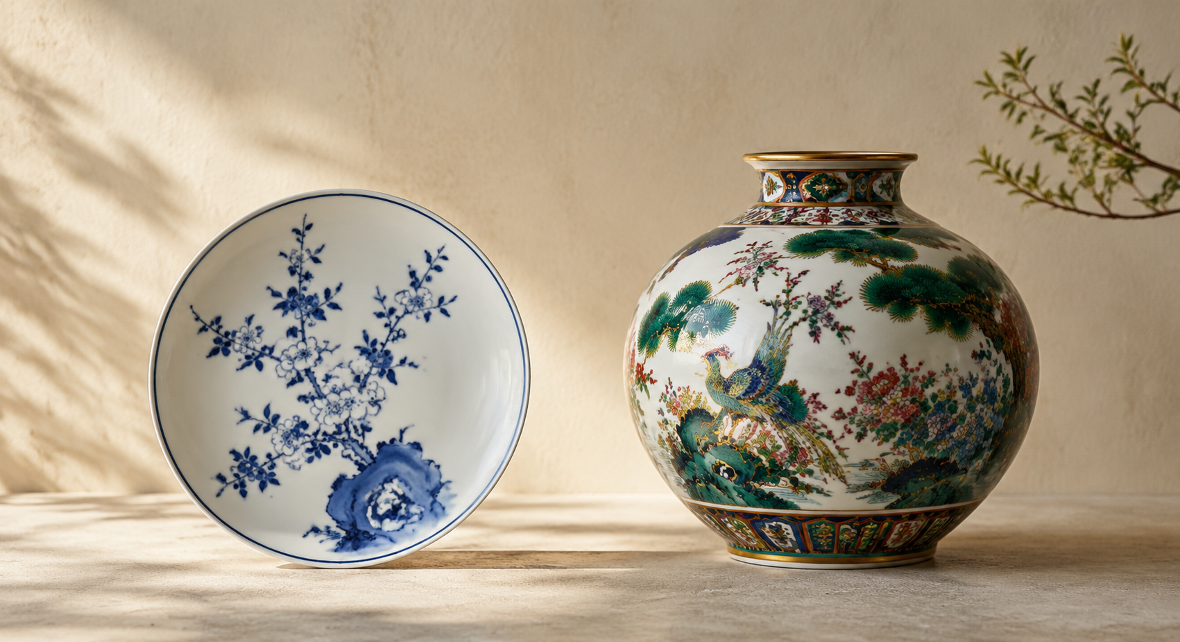 Arita blue-and-white porcelain displayed beside colorful Kutani ware