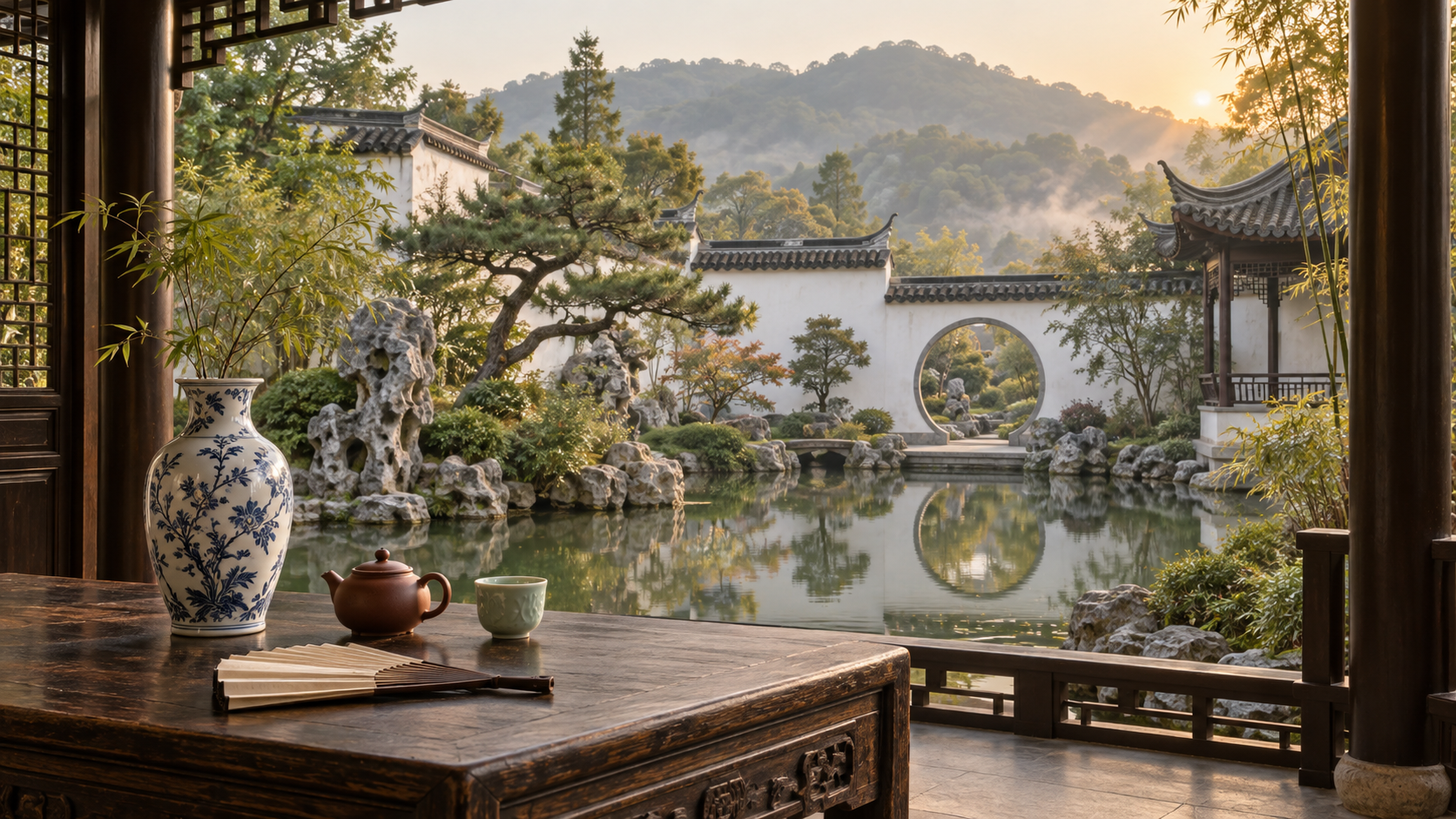 Blue-and-white porcelain, a Yixing teapot and a celadon cup overlooking a Chinese scholar’s garden.
