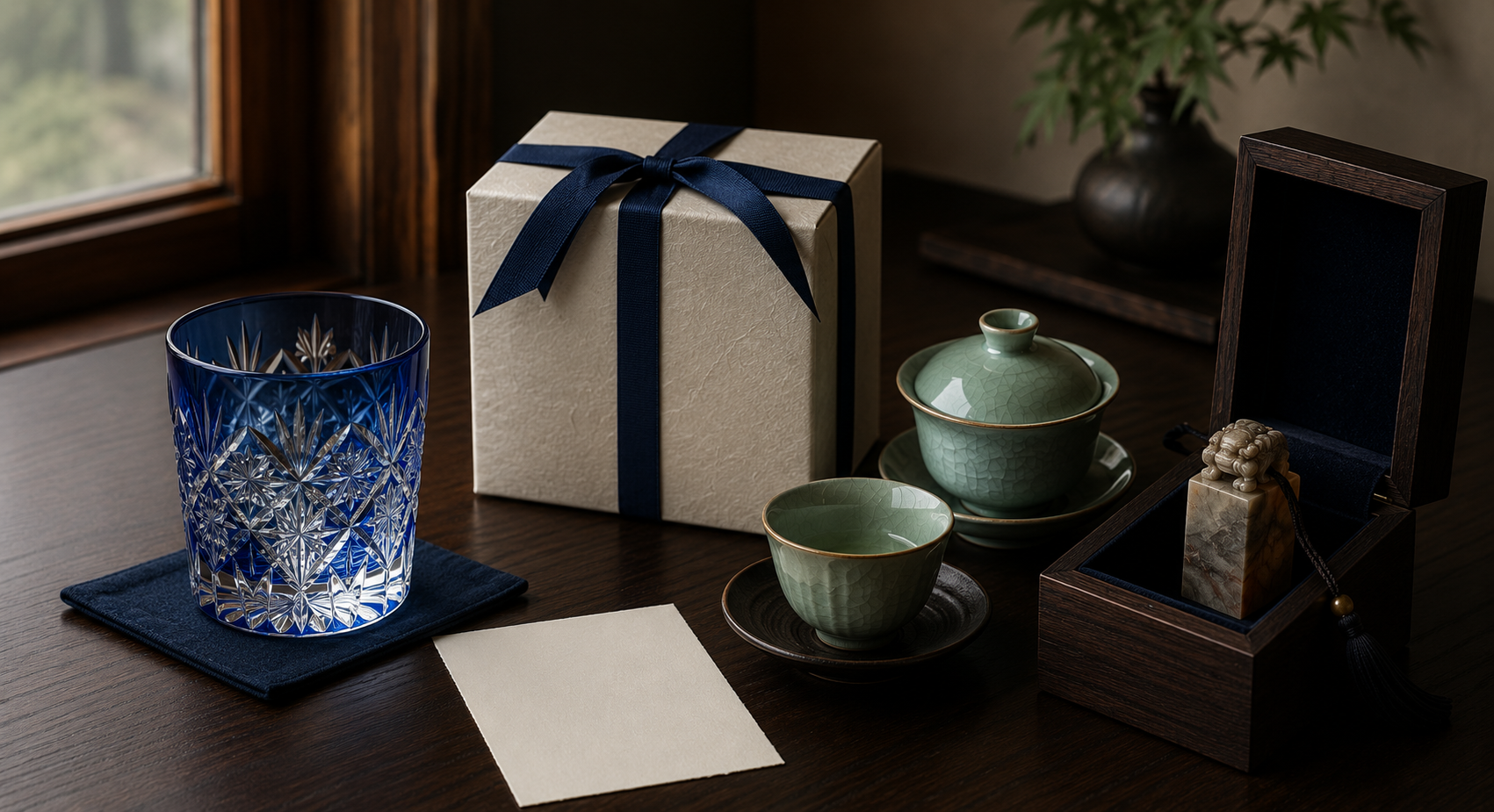 Handcrafted whisky glass, celadon teaware and personalized stone seal arranged as meaningful Father's Day gifts