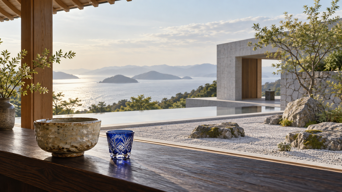 Illustration of Japanese ceramics and blue cut glass overlooking a coastal garden and contemporary architecture