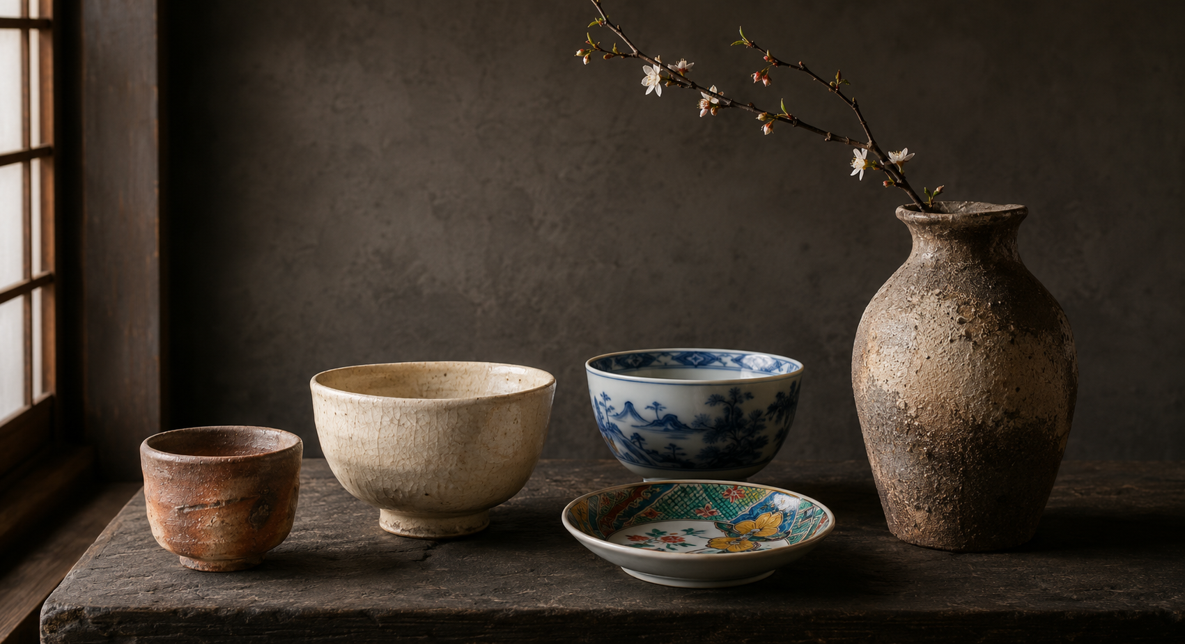 Japanese pottery styles including Bizen stoneware, Hagi tea ware, Arita porcelain and colorful Kutani ceramics