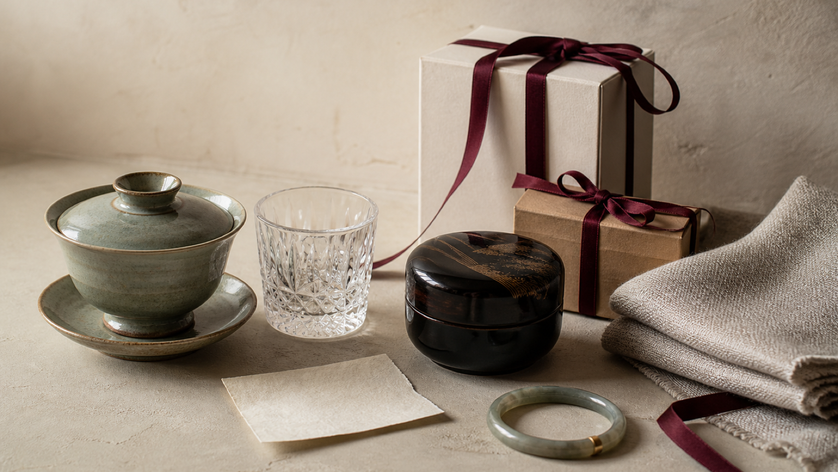 Artisan gift selection with celadon teaware, cut glass, lacquerware, woven textile and wrapped gifts
