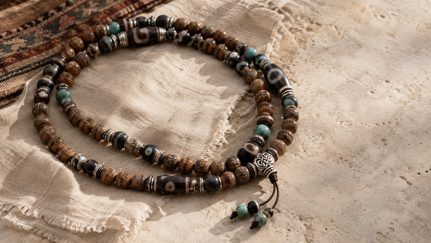 Handcrafted Tibetan mala beads with agate, turquoise, wood and silver arranged on natural linen