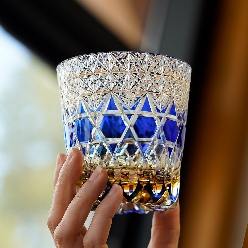 Edo Kiriko Handcrafted Sapphire Fluorite Whisky Glass – A Kaleidoscope of Deep Radiance