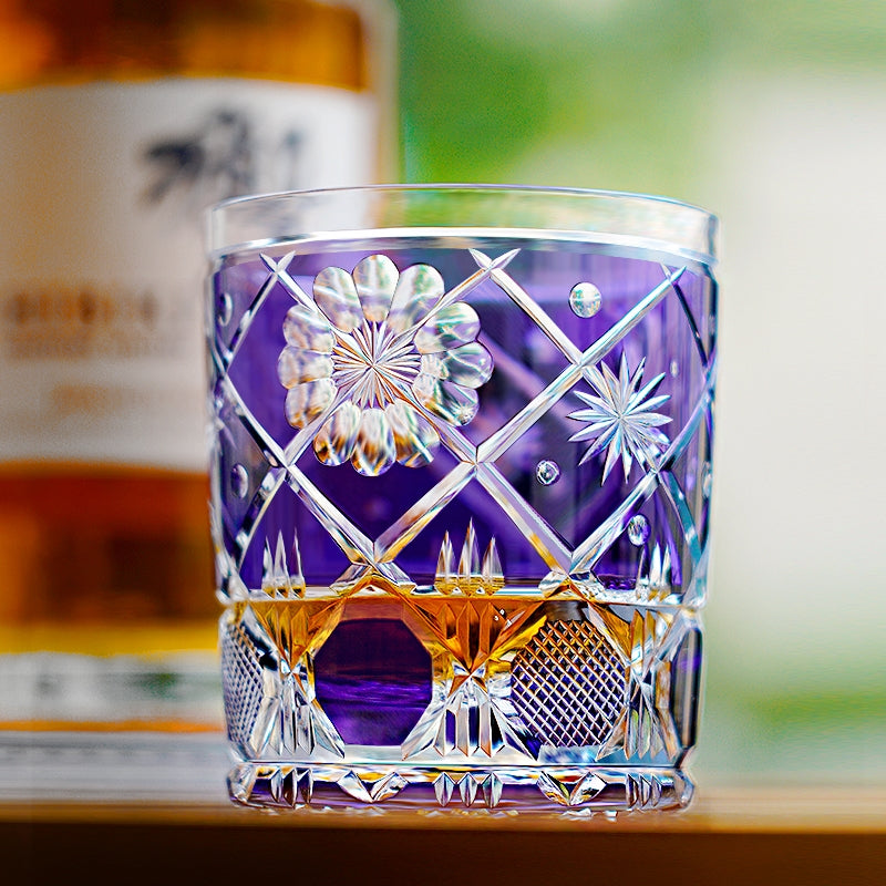Edo Kiriko Handcrafted "Violet Kohana Blossom" Crystal Glass – Japanese Artisan Luxury with Wooden Box