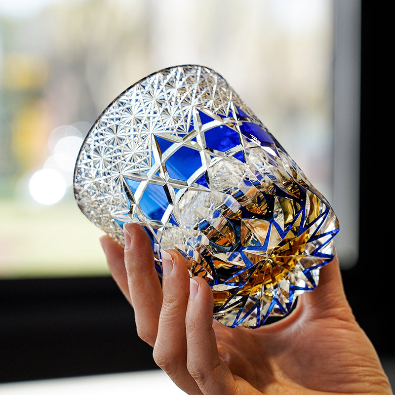 Edo Kiriko Handcrafted Sapphire Fluorite Whisky Glass – A Kaleidoscope of Deep Radiance