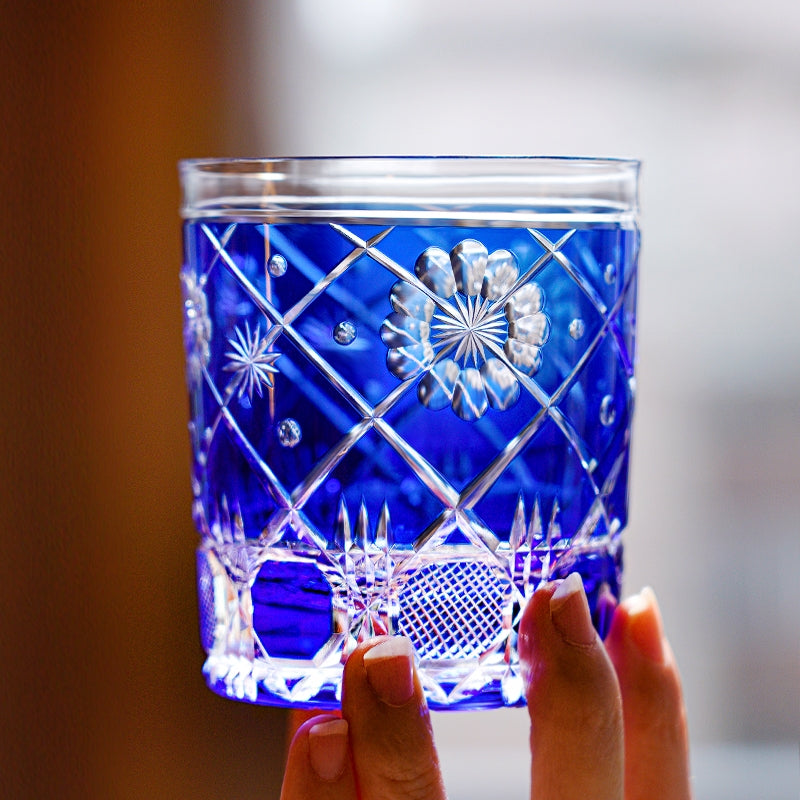 Edo Kiriko Handcrafted Royal Blue Kohana Blossom Glass – A Deep Ocean of Delicate Beauty in Crystal