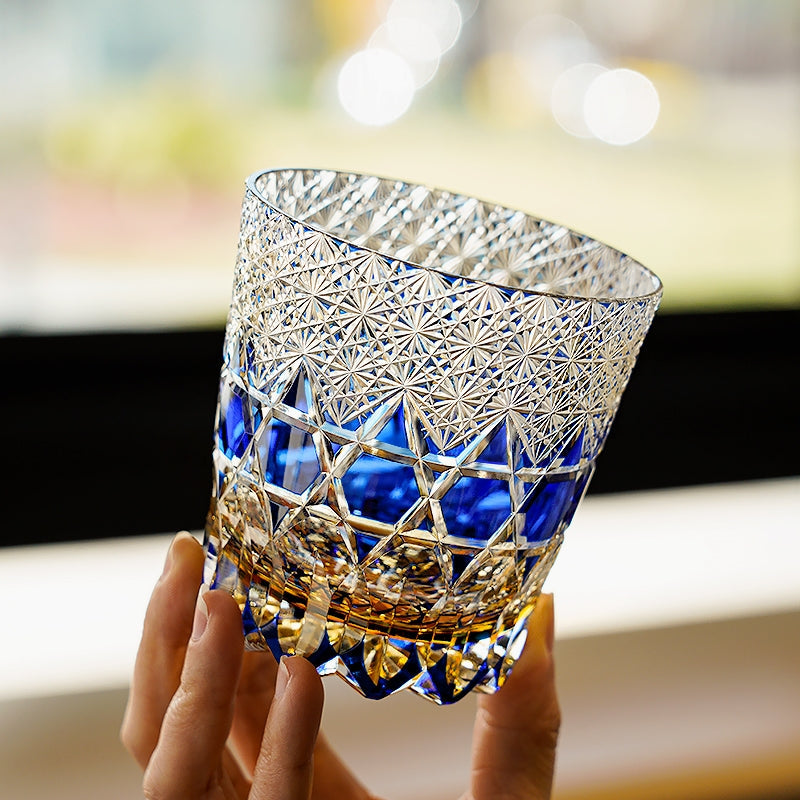 Edo Kiriko Handcrafted Sapphire Fluorite Whisky Glass – A Kaleidoscope of Deep Radiance