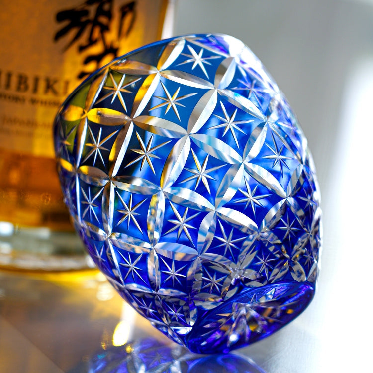 Edo Kiriko Handcrafted Sapphire Shippo Whisky Glass – A Kaleidoscope of Deep Harmony in Crystal