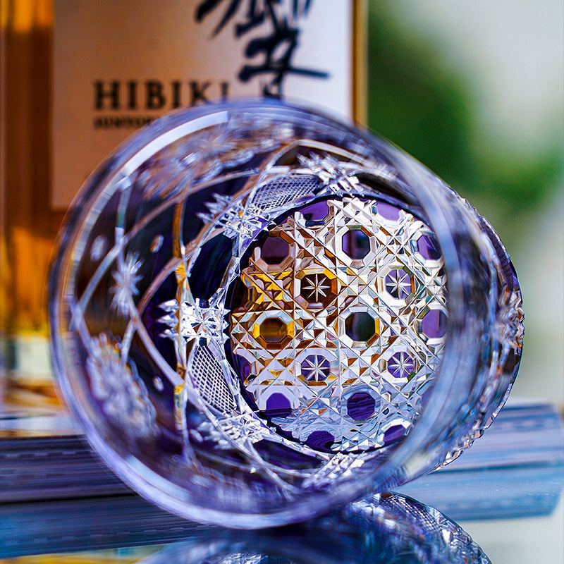 Edo Kiriko Handcrafted "Violet Kohana Blossom" Crystal Glass – Japanese Artisan Luxury with Wooden Box