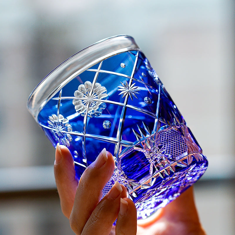 Edo Kiriko Handcrafted Royal Blue Kohana Blossom Glass – A Deep Ocean of Delicate Beauty in Crystal