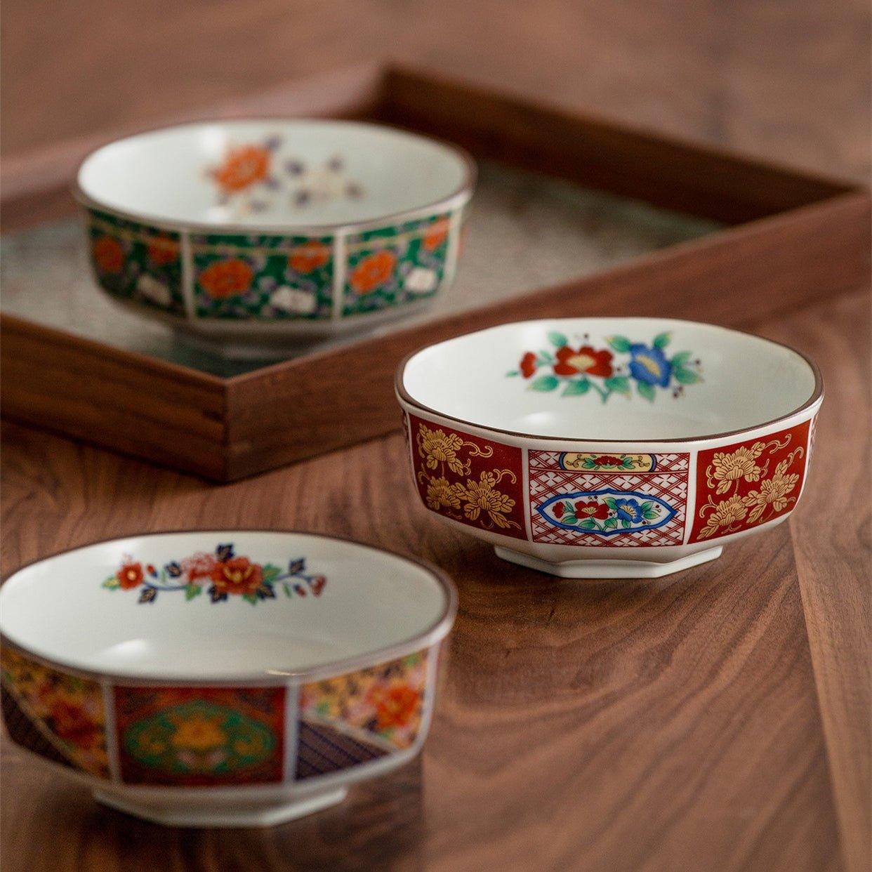 Japanese Mino Ware "Court Dyed Brocade" Octagonal Bowls Set – A Tapestry of Tradition