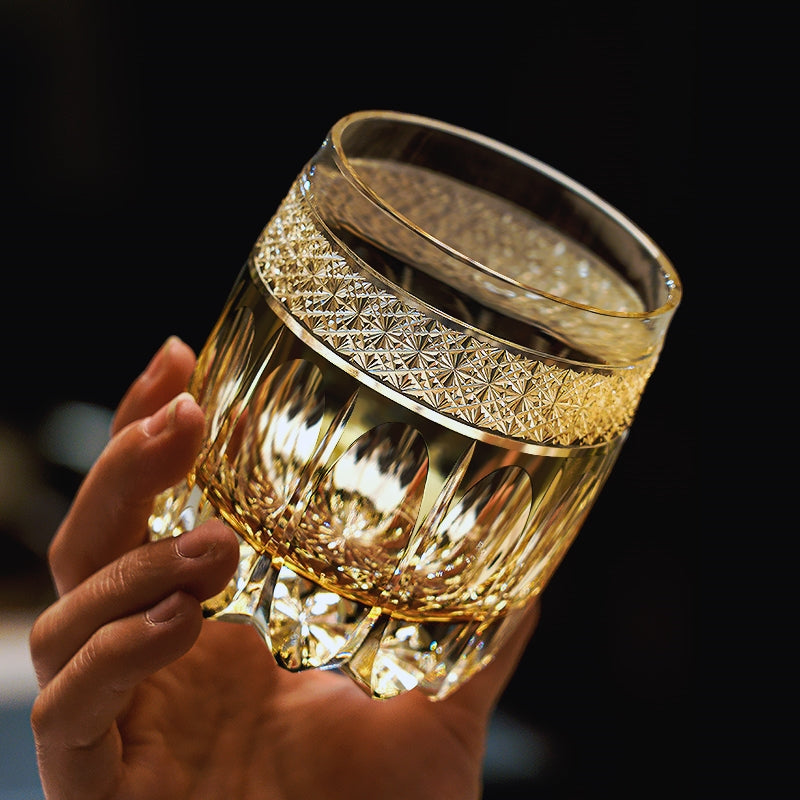 Edo Kiriko Handcrafted "Amber Celestial" Whisky Glass – A Golden Glow of Cosmic Grandeur