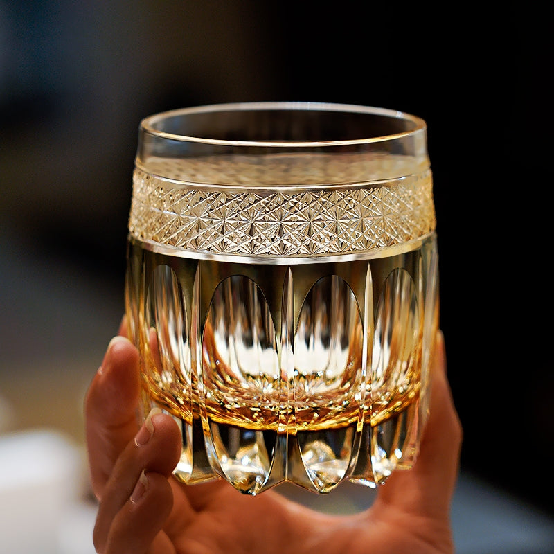 Edo Kiriko Handcrafted "Amber Celestial" Whisky Glass – A Golden Glow of Cosmic Grandeur