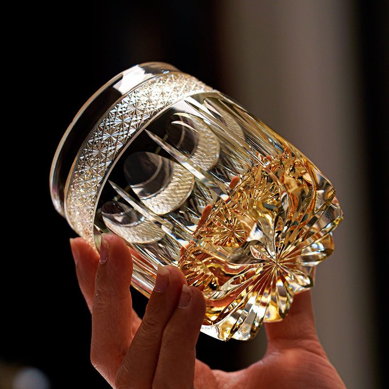 Edo Kiriko Handcrafted "Amber Celestial" Whisky Glass – A Golden Glow of Cosmic Grandeur