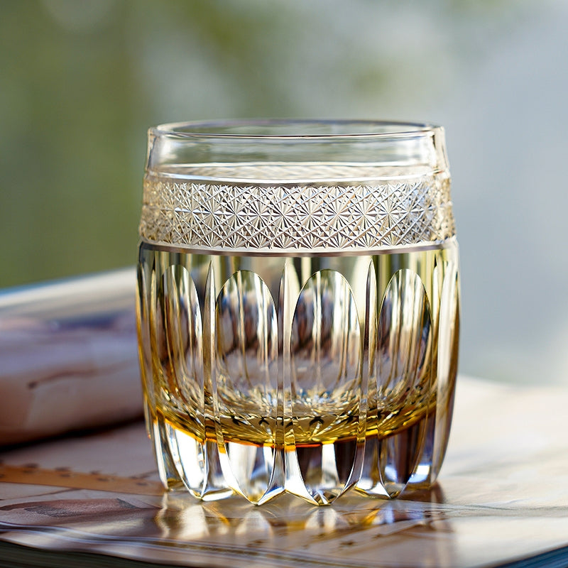 Edo Kiriko Handcrafted "Amber Celestial" Whisky Glass – A Golden Glow of Cosmic Grandeur