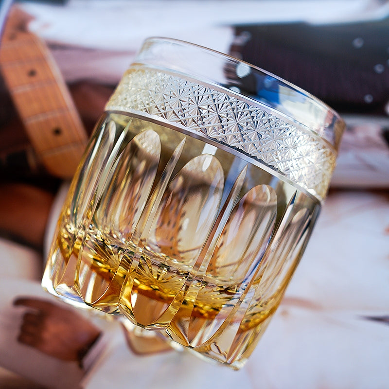 Edo Kiriko Handcrafted "Amber Celestial" Whisky Glass – A Golden Glow of Cosmic Grandeur