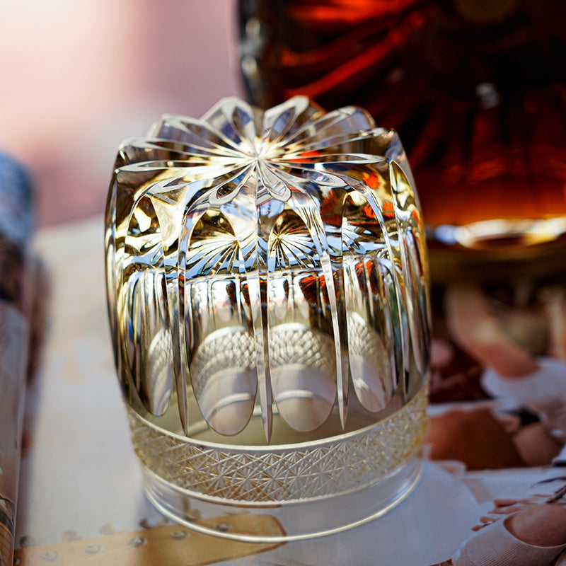 Edo Kiriko Handcrafted "Amber Celestial" Whisky Glass – A Golden Glow of Cosmic Grandeur