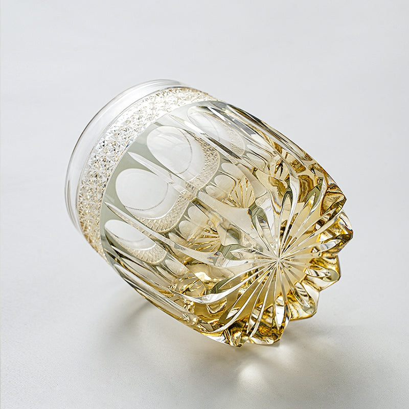 Edo Kiriko Handcrafted "Amber Celestial" Whisky Glass – A Golden Glow of Cosmic Grandeur