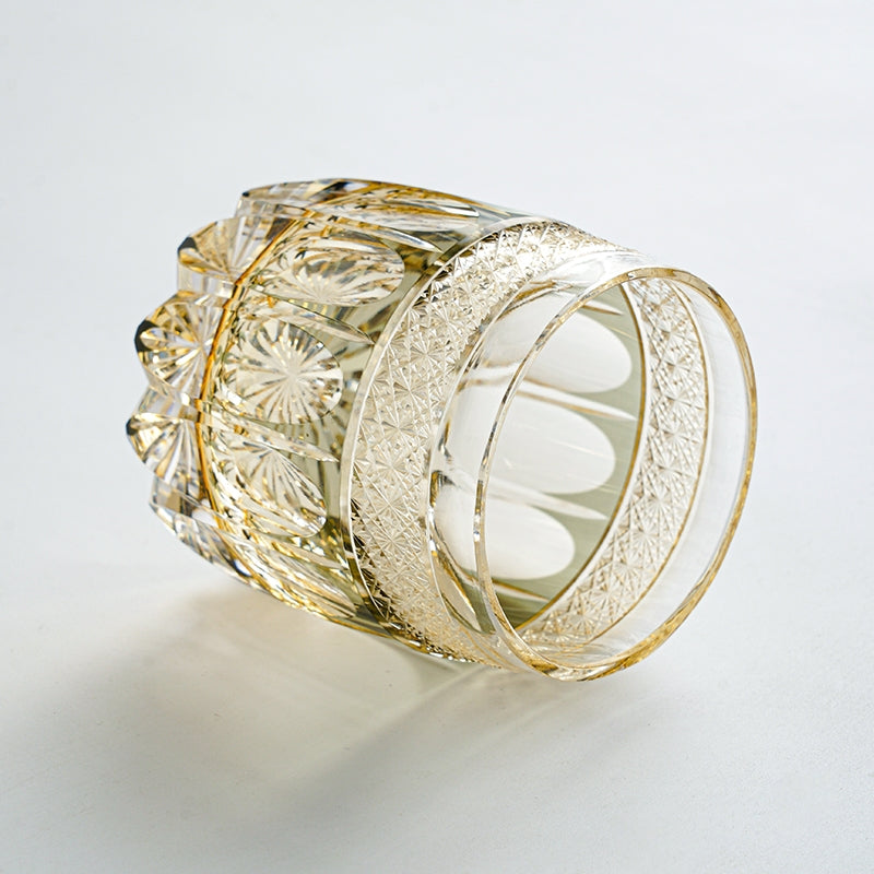 Edo Kiriko Handcrafted "Amber Celestial" Whisky Glass – A Golden Glow of Cosmic Grandeur