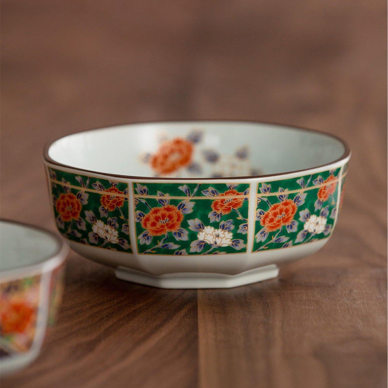 Japanese Mino Ware "Court Dyed Brocade" Octagonal Bowls Set – A Tapestry of Tradition