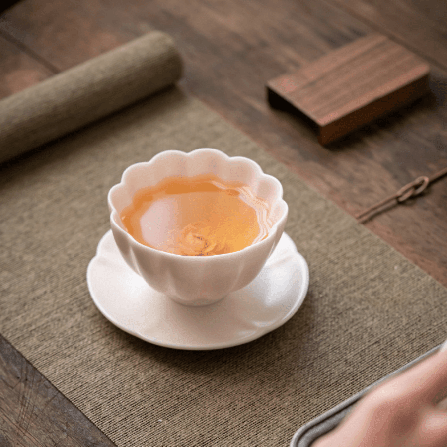 Handcrafted Ceramic Tea Cup & Mini Plate Set with Embedded Rose – Artistry in Bloom