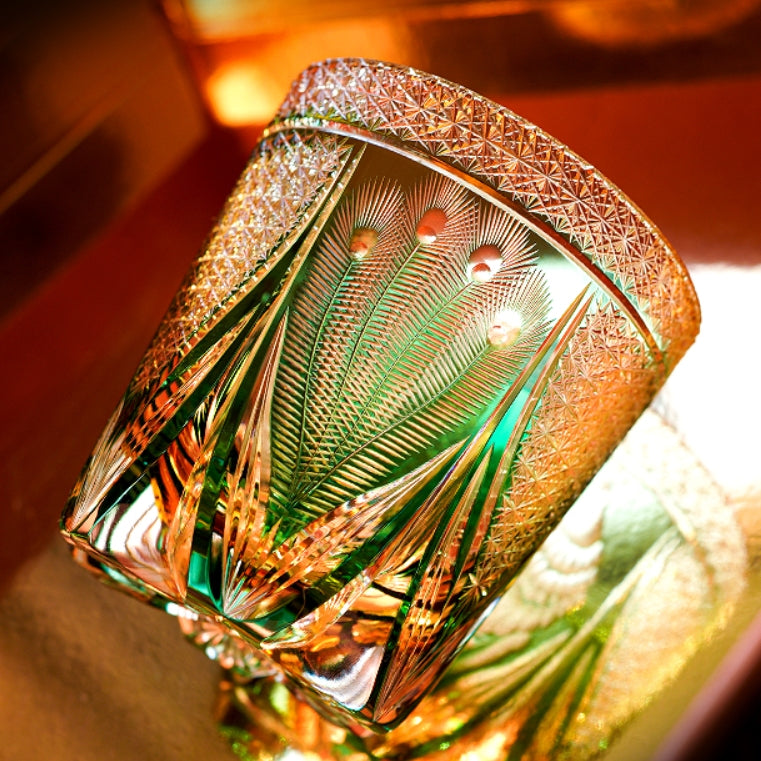 Edo Kiriko Handcrafted Emerald Peacock Whisky Glass – A Verdant Gem of Japanese Artistry