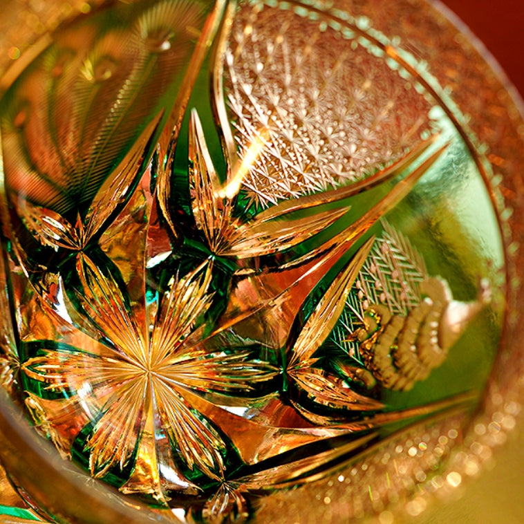 Edo Kiriko Handcrafted Emerald Peacock Whisky Glass – A Verdant Gem of Japanese Artistry