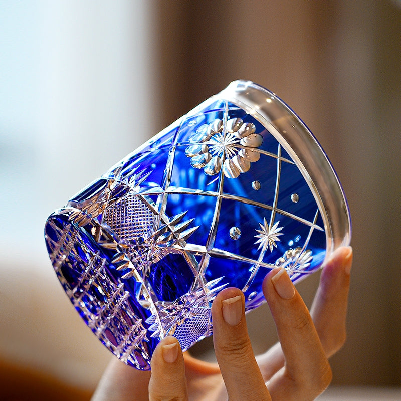 Edo Kiriko Handcrafted Royal Blue Kohana Blossom Glass – A Deep Ocean of Delicate Beauty in Crystal